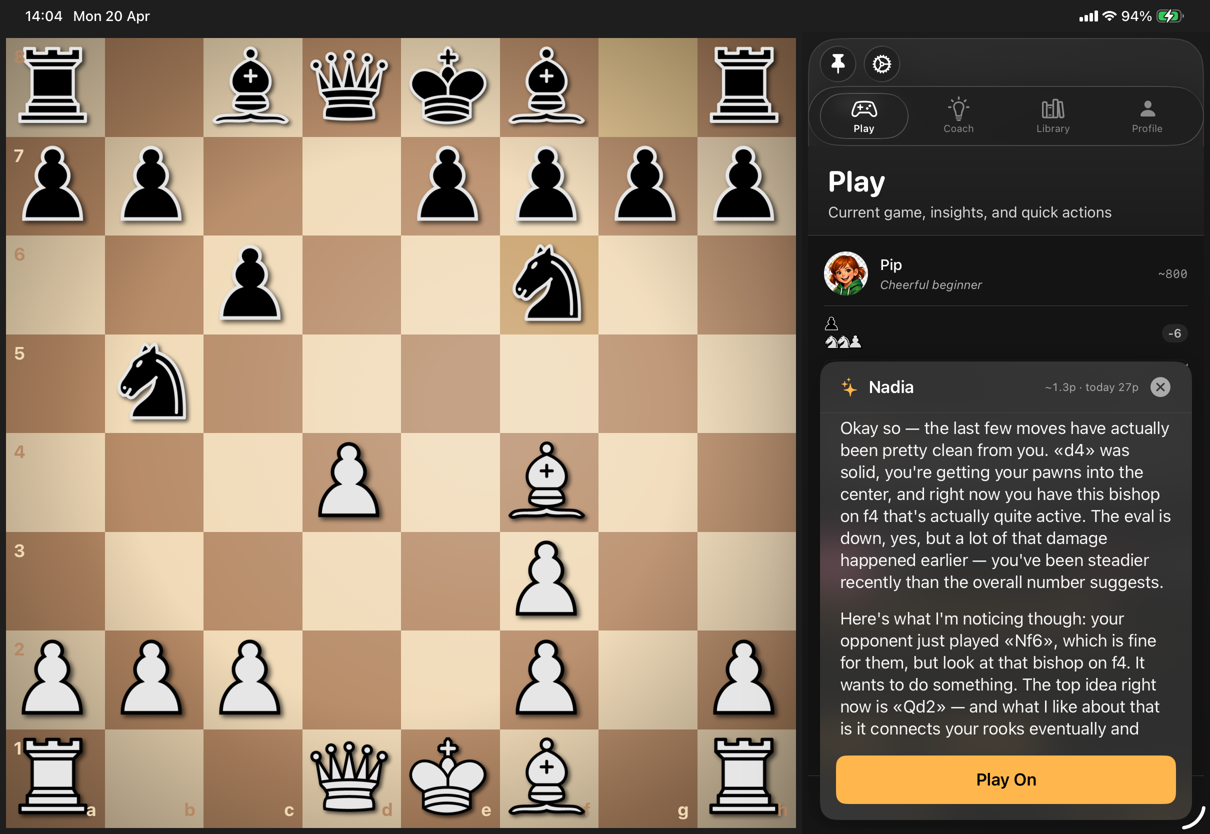 Nadia coaching during a live game — arrows highlight the key squares while her commentary explains the position